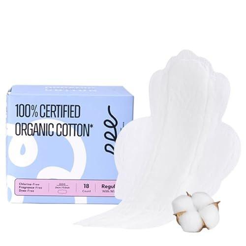 100 % Bio-Pads für Frauen, Baumwollbezug – reguläre Saugfähigkeit, unparfümiert, extra dünne Binden mit Flügeln (Regular, Größe 3, 18 Stück)