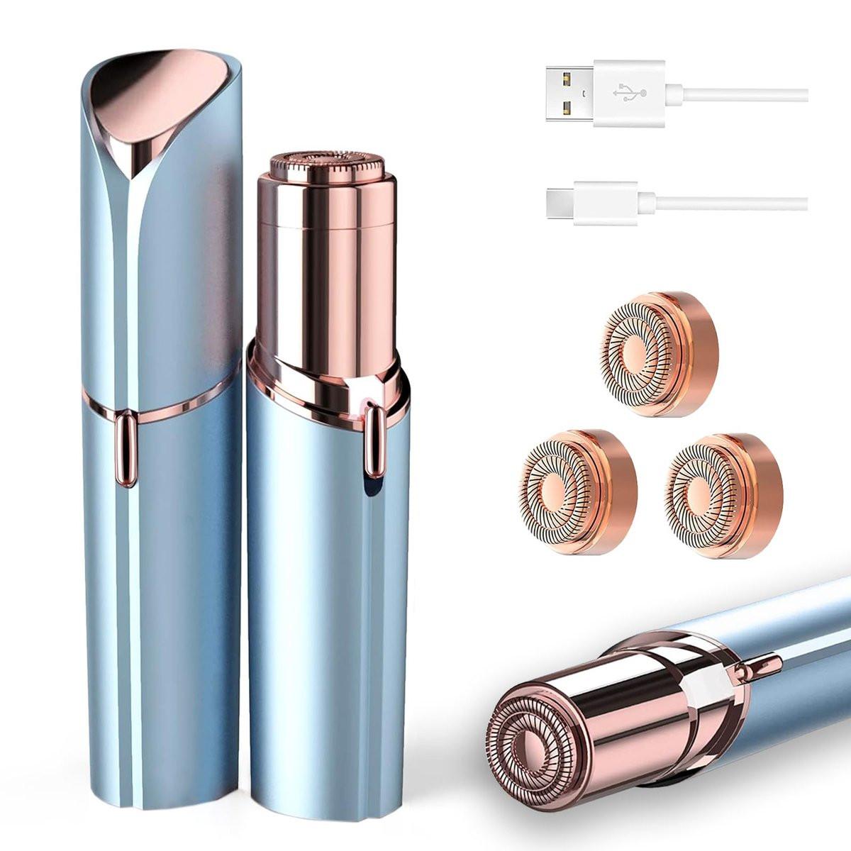 Tuokiy Gesichtshaarentfernung für Frauen, schmerzfreier Rasierer für Damen, Gesichtsrasierer für Lippe und Kinn, USB-wiederaufladbar, Blau, 3 Aufsätze
