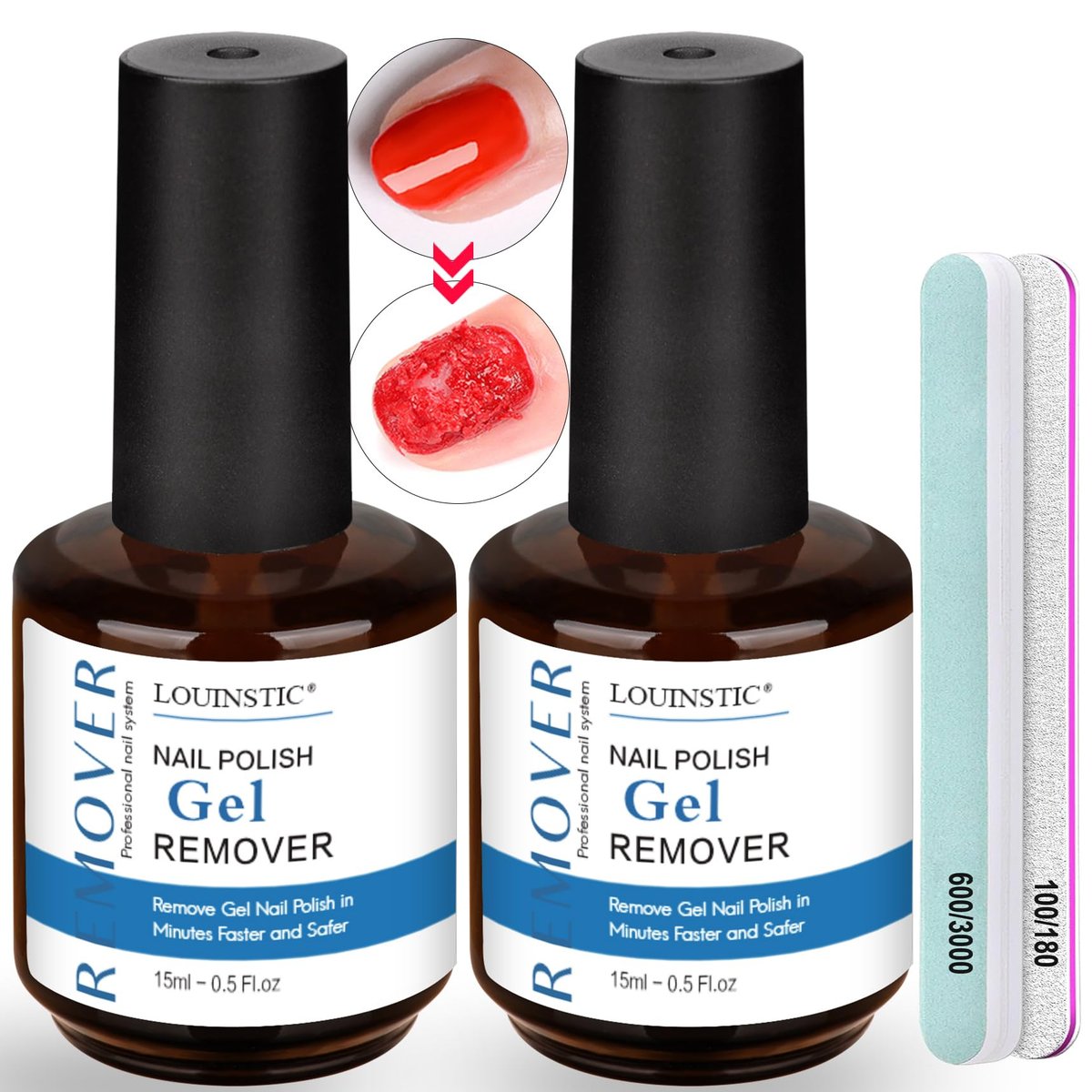 LOUINSTIC Gel-Nagellackentferner-Set – 2-teiliges Gel-Nagellack-Entferner-Kit mit 100/180 & 600/3000 Grit Feilen, 2-5 Minuten schnelle & einfache Gel-Nagellackentfernung zu Hause, keine Reizungen, kein Einweichen oder Einwickeln nötig