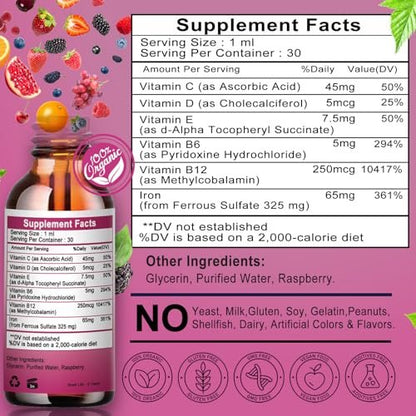 Vita letuo Eisenpräparat für Frauen mit Vitamin C – 6-in-1 flüssiges Nahrungsergänzungsmittel mit Vitamin B12, B6, hochdosierte Eisentropfen für rote Blutkörperchen und Immununterstützung, Nicht-GVO, glutenfrei