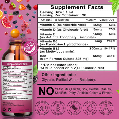 Vita letuo Eisenpräparat für Frauen mit Vitamin C – 6-in-1 flüssiges Nahrungsergänzungsmittel mit Vitamin B12, B6, hochdosierte Eisentropfen für rote Blutkörperchen und Immununterstützung, Nicht-GVO, glutenfrei