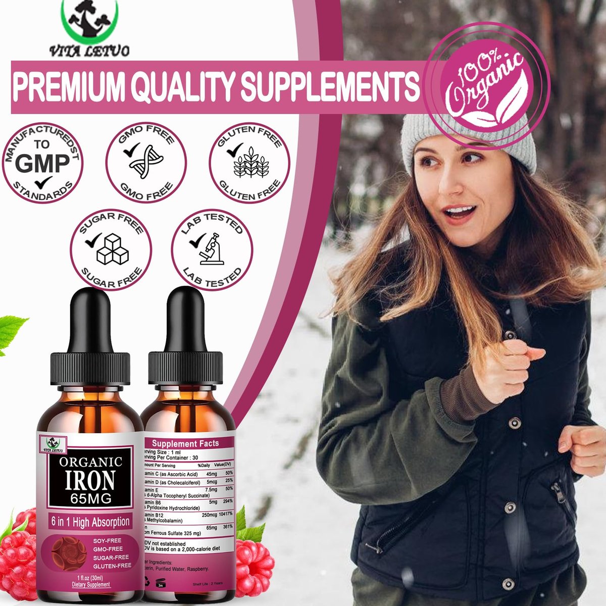 Vita letuo Eisenpräparat für Frauen mit Vitamin C – 6-in-1 flüssiges Nahrungsergänzungsmittel mit Vitamin B12, B6, hochdosierte Eisentropfen für rote Blutkörperchen und Immununterstützung, Nicht-GVO, glutenfrei
