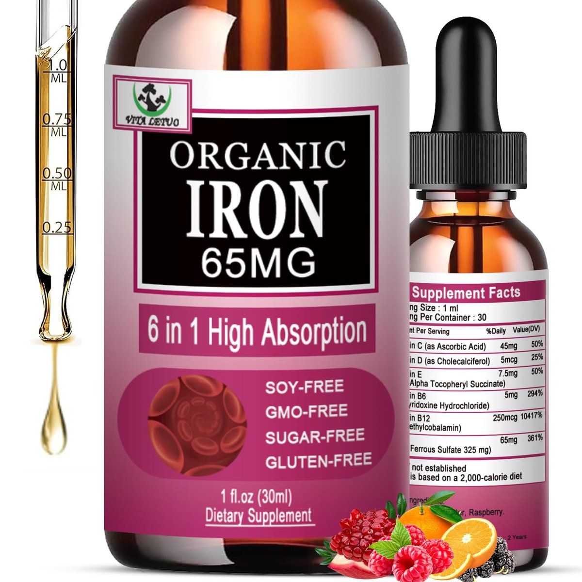 Vita letuo Eisenpräparat für Frauen mit Vitamin C – 6-in-1 flüssiges Nahrungsergänzungsmittel mit Vitamin B12, B6, hochdosierte Eisentropfen für rote Blutkörperchen und Immununterstützung, Nicht-GVO, glutenfrei
