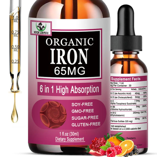 Vita letuo Eisenpräparat für Frauen mit Vitamin C – 6-in-1 flüssiges Nahrungsergänzungsmittel mit Vitamin B12, B6, hochdosierte Eisentropfen für rote Blutkörperchen und Immununterstützung, Nicht-GVO, glutenfrei