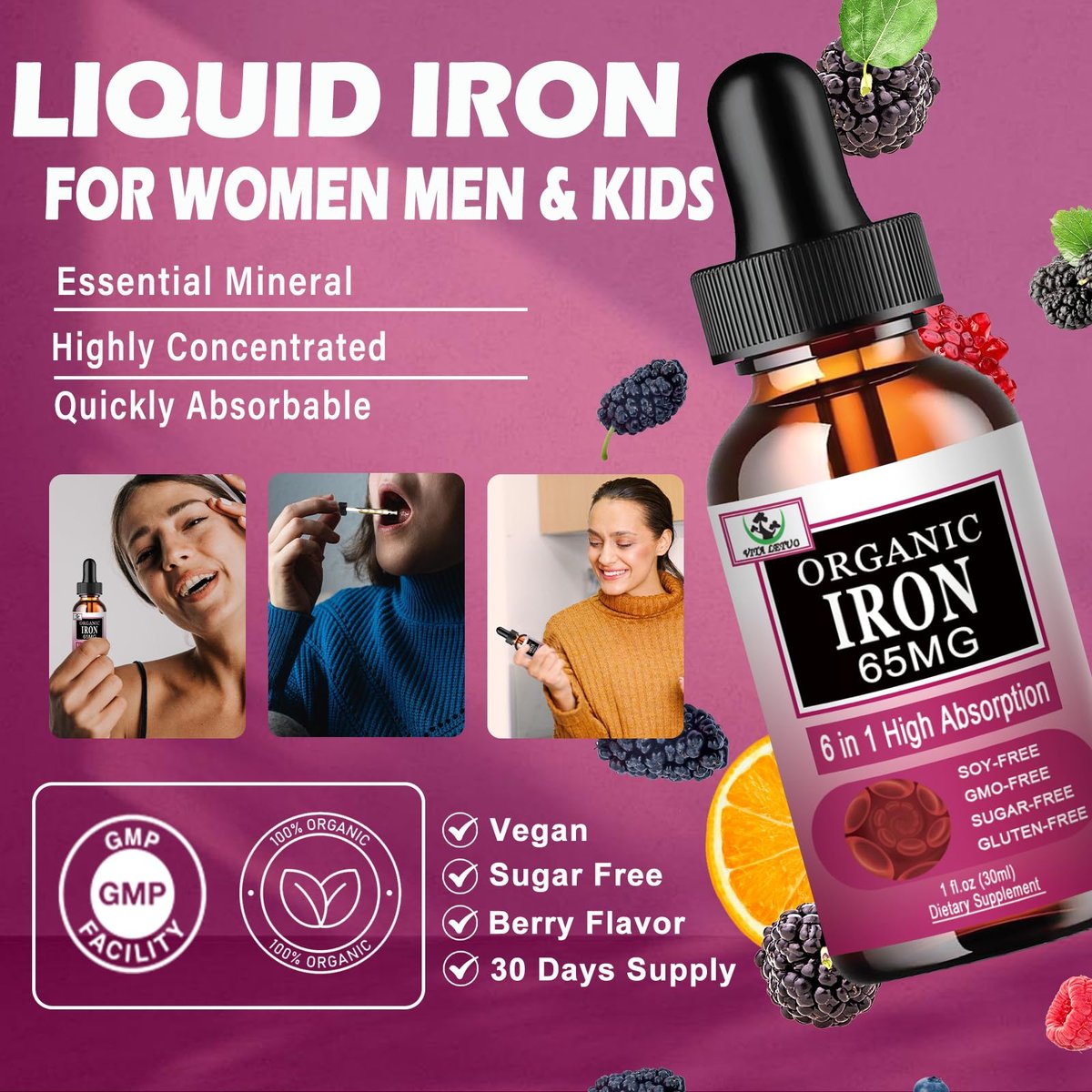 Vita letuo Eisenpräparat für Frauen mit Vitamin C – 6-in-1 flüssiges Nahrungsergänzungsmittel mit Vitamin B12, B6, hochdosierte Eisentropfen für rote Blutkörperchen und Immununterstützung, Nicht-GVO, glutenfrei