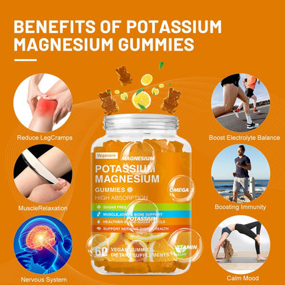 Vegavero Kalium Magnesium Gummis - Magnesium Glycinat B6, D3 & Kaliumcitrat gegen Wadenkrämpfe, Muskeln, Elektrolyte für Erwachsene & Kinder, Zuckerfrei - 60 Orangen-Gummis