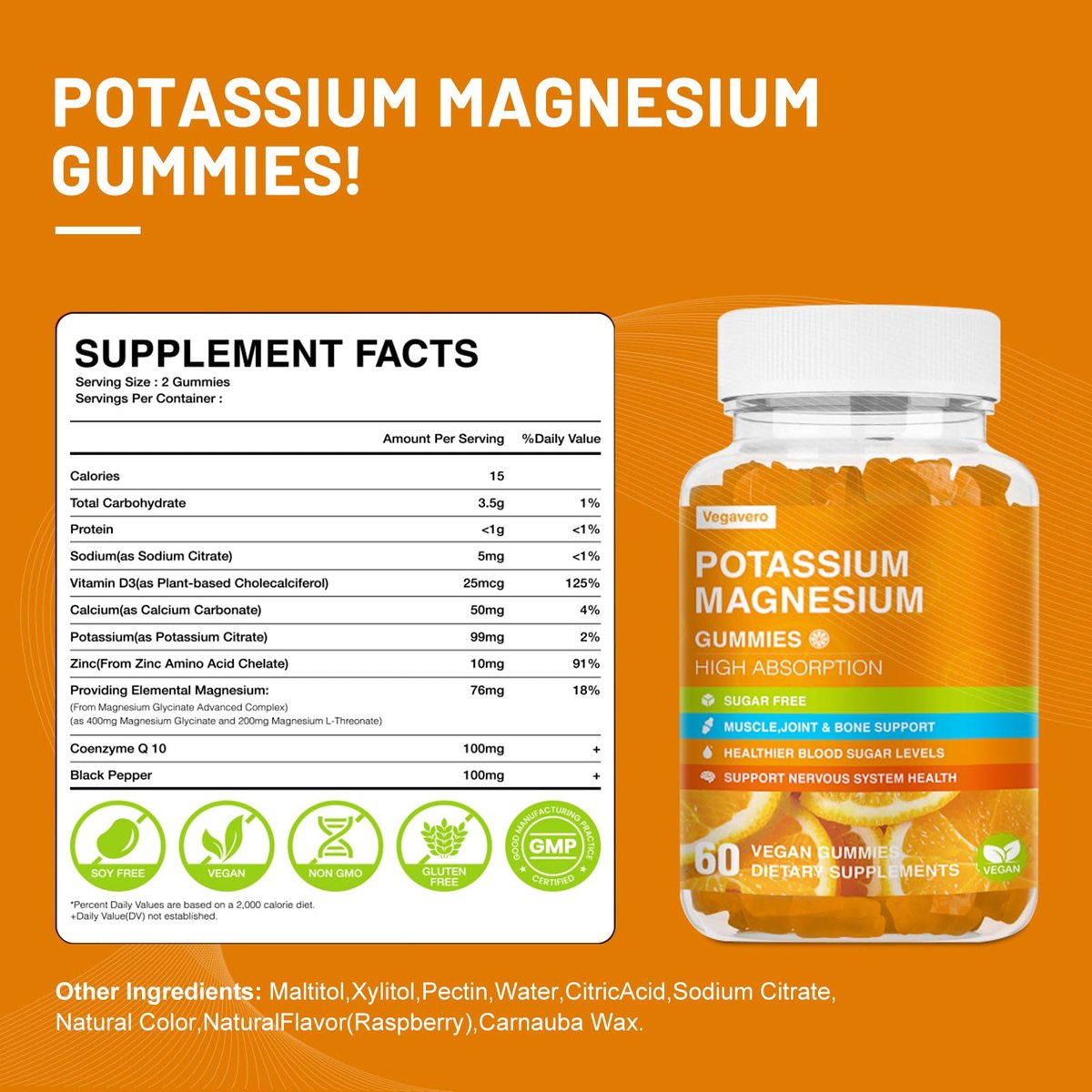 Vegavero Kalium Magnesium Gummis - Magnesium Glycinat B6, D3 & Kaliumcitrat gegen Wadenkrämpfe, Muskeln, Elektrolyte für Erwachsene & Kinder, Zuckerfrei - 60 Orangen-Gummis
