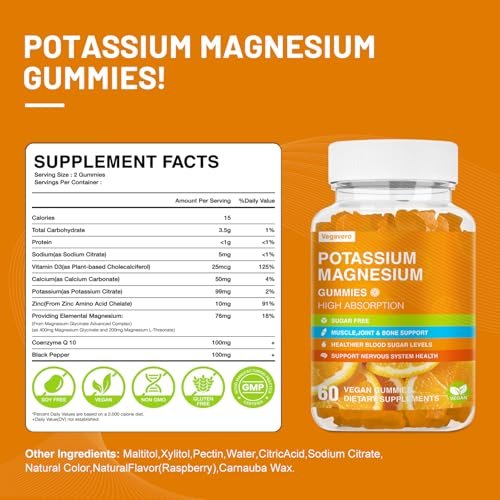 Vegavero Kalium Magnesium Gummis - Magnesium Glycinat B6, D3 & Kaliumcitrat gegen Wadenkrämpfe, Muskeln, Elektrolyte für Erwachsene & Kinder, Zuckerfrei - 60 Orangen-Gummis