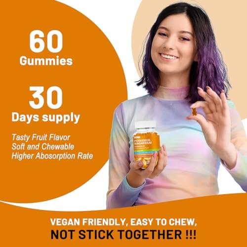 Vegavero Kalium Magnesium Gummis - Magnesium Glycinat B6, D3 & Kaliumcitrat gegen Wadenkrämpfe, Muskeln, Elektrolyte für Erwachsene & Kinder, Zuckerfrei - 60 Orangen-Gummis