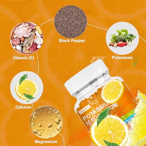 Vegavero Kalium Magnesium Gummis - Magnesium Glycinat B6, D3 & Kaliumcitrat gegen Wadenkrämpfe, Muskeln, Elektrolyte für Erwachsene & Kinder, Zuckerfrei - 60 Orangen-Gummis