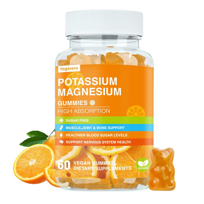 Vegavero Kalium Magnesium Gummis - Magnesium Glycinat B6, D3 & Kaliumcitrat gegen Wadenkrämpfe, Muskeln, Elektrolyte für Erwachsene & Kinder, Zuckerfrei - 60 Orangen-Gummis