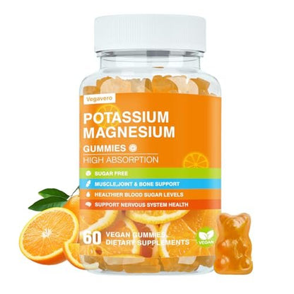 Vegavero Kalium Magnesium Gummis - Magnesium Glycinat B6, D3 & Kaliumcitrat gegen Wadenkrämpfe, Muskeln, Elektrolyte für Erwachsene & Kinder, Zuckerfrei - 60 Orangen-Gummis