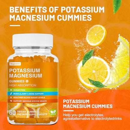 Vegavero Kalium Magnesium Gummis - Magnesium Glycinat B6, D3 & Kaliumcitrat gegen Wadenkrämpfe, Muskeln, Elektrolyte für Erwachsene & Kinder, Zuckerfrei - 60 Orangen-Gummis