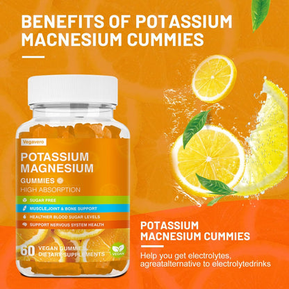 Vegavero Kalium Magnesium Gummis - Magnesium Glycinat B6, D3 & Kaliumcitrat gegen Wadenkrämpfe, Muskeln, Elektrolyte für Erwachsene & Kinder, Zuckerfrei - 60 Orangen-Gummis