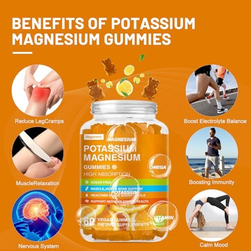 Vegavero Kalium Magnesium Gummis - Magnesium Glycinat B6, D3 & Kaliumcitrat gegen Wadenkrämpfe, Muskeln, Elektrolyte für Erwachsene & Kinder, Zuckerfrei - 60 Orangen-Gummis