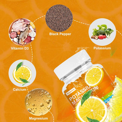 Vegavero Kalium Magnesium Gummis - Magnesium Glycinat B6, D3 & Kaliumcitrat gegen Wadenkrämpfe, Muskeln, Elektrolyte für Erwachsene & Kinder, Zuckerfrei - 60 Orangen-Gummis