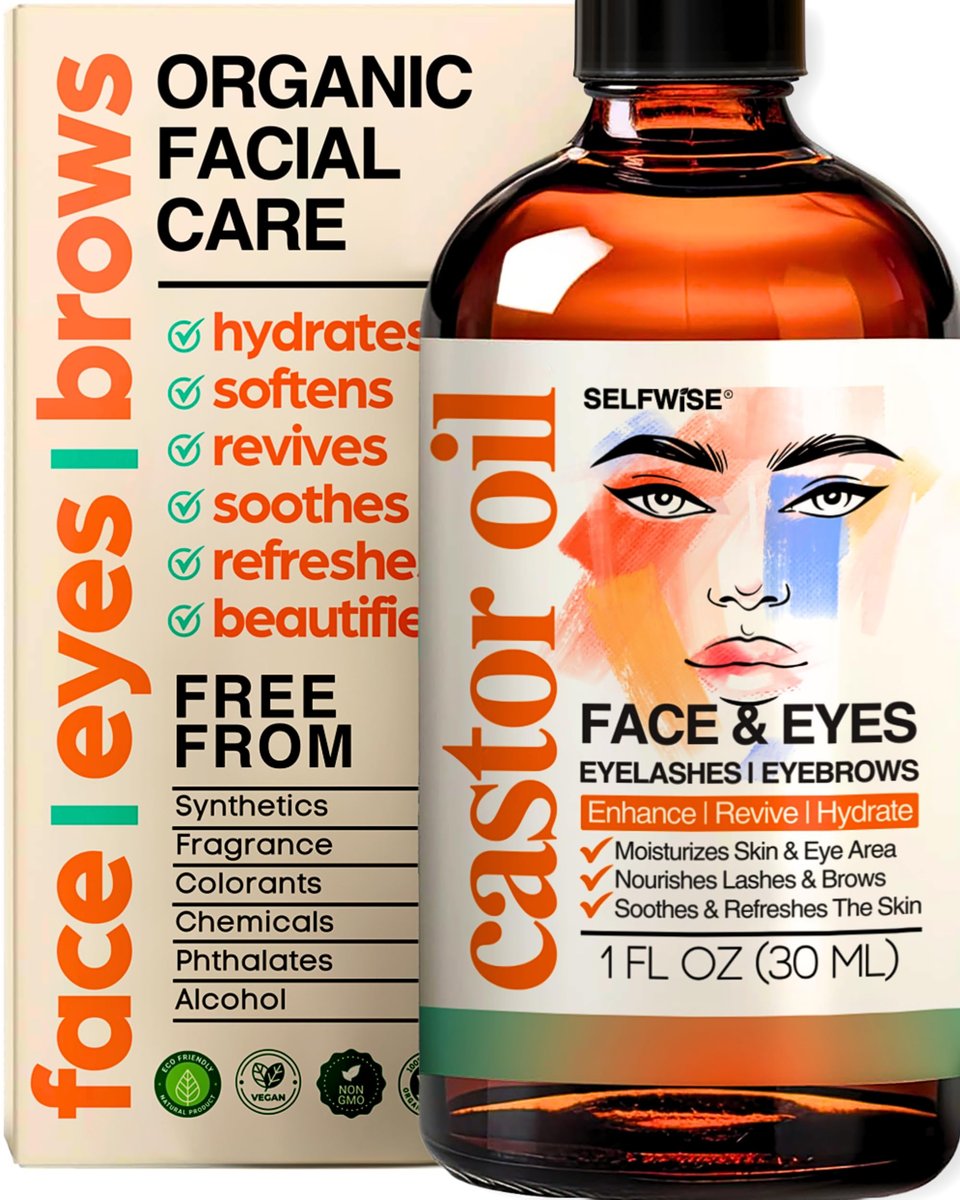 SELFWISE Bio-Rizinusöl Gesichtsöl mit Jojoba, Hagebutte, Traubenkern, Squalan, Palmarosa, Bergamotte und Vitamin E – Feuchtigkeitsspender für Gesicht, Augen, Wimpern, Augenbrauen, Fältchen – 30 ml