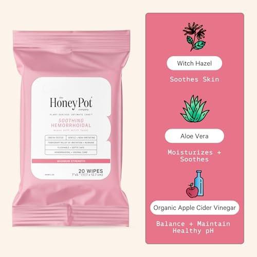 The Honey Pot Company – Beruhigende Hexenfein-Tücher für die Intimhygiene & Hämorrhoiden – Postpartum Essentials – Schwangerschafts-Muss – pH-ausgeglichen – Spülbare Hämorrhoiden-Behandlung – 20 Tücher