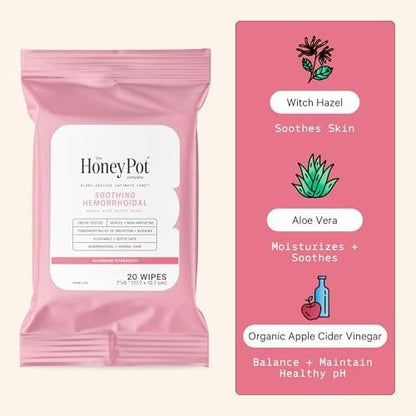 The Honey Pot Company – Beruhigende Hexenfein-Tücher für die Intimhygiene & Hämorrhoiden – Postpartum Essentials – Schwangerschafts-Muss – pH-ausgeglichen – Spülbare Hämorrhoiden-Behandlung – 20 Tücher