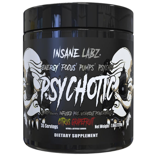 Insane Labz Psychotic Black Edition Mid Stim Pre-Workout Pulver – Energie, Fokus & Pump mit Kreatin, Beta-Alanin, Taurin & AMPiberry, 35 Portionen (Zitrus-Grapefruit)