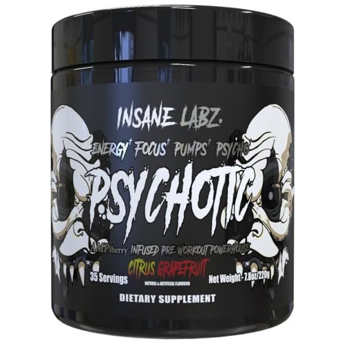 Insane Labz Psychotic Black Edition Mid Stim Pre-Workout Pulver – Energie, Fokus & Pump mit Kreatin, Beta-Alanin, Taurin & AMPiberry, 35 Portionen (Zitrus-Grapefruit)