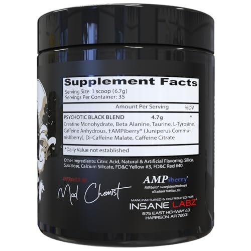 Insane Labz Psychotic Black Edition Mid Stim Pre-Workout Pulver – Energie, Fokus & Pump mit Kreatin, Beta-Alanin, Taurin & AMPiberry, 35 Portionen (Zitrus-Grapefruit)