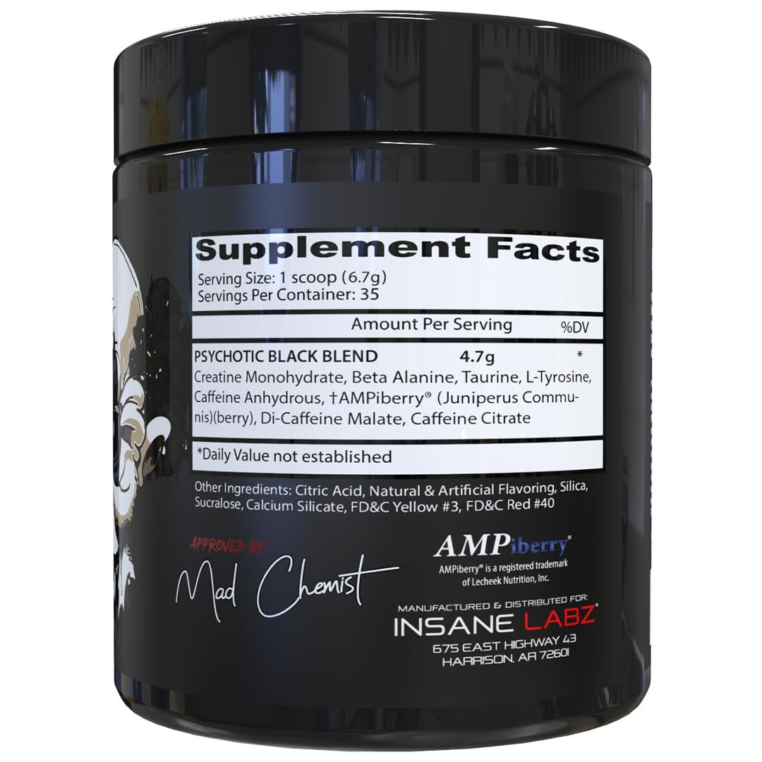 Insane Labz Psychotic Black Edition Mid Stim Pre-Workout Pulver – Energie, Fokus & Pump mit Kreatin, Beta-Alanin, Taurin & AMPiberry, 35 Portionen (Zitrus-Grapefruit)