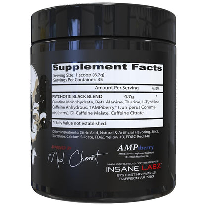 Insane Labz Psychotic Black Edition Mid Stim Pre-Workout Pulver – Energie, Fokus & Pump mit Kreatin, Beta-Alanin, Taurin & AMPiberry, 35 Portionen (Zitrus-Grapefruit)