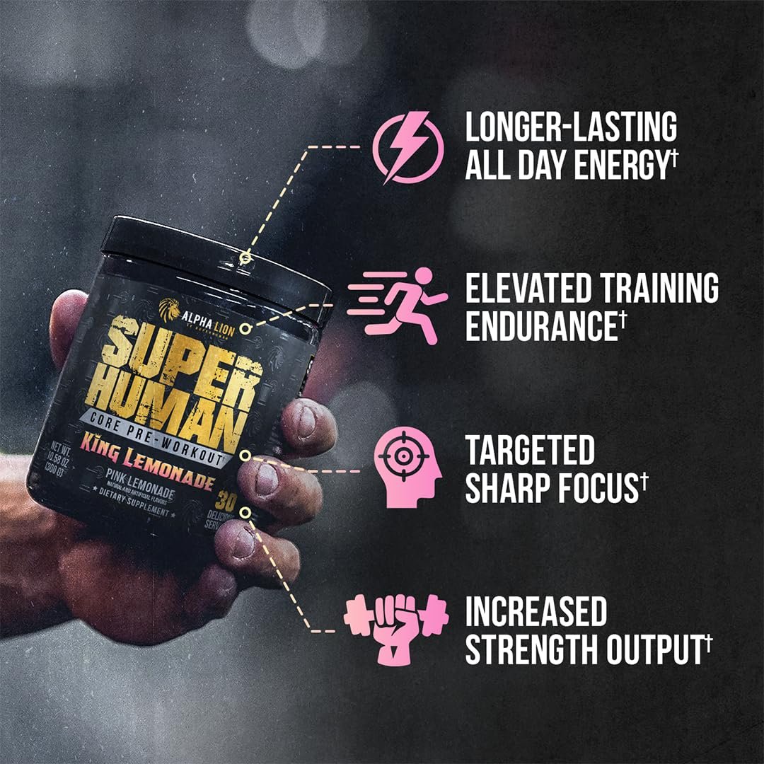 ALPHA LION Core Pre Workout mit Kreatin für Leistung, Beta-Alanin für Muskeln, L-Citrullin für Pump & Tri-Source Koffein für anhaltende Energie (30 Portionen, King Lemonade Geschmack)