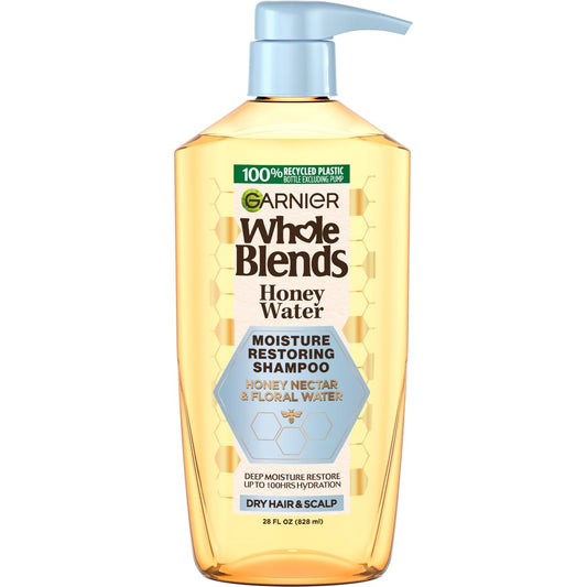 Garnier Whole Blends Honigwasser Feuchtigkeitsspendendes Shampoo für trockenes Haar und trockene Kopfhaut mit Honignektar und Blütenwasser, 828 ml