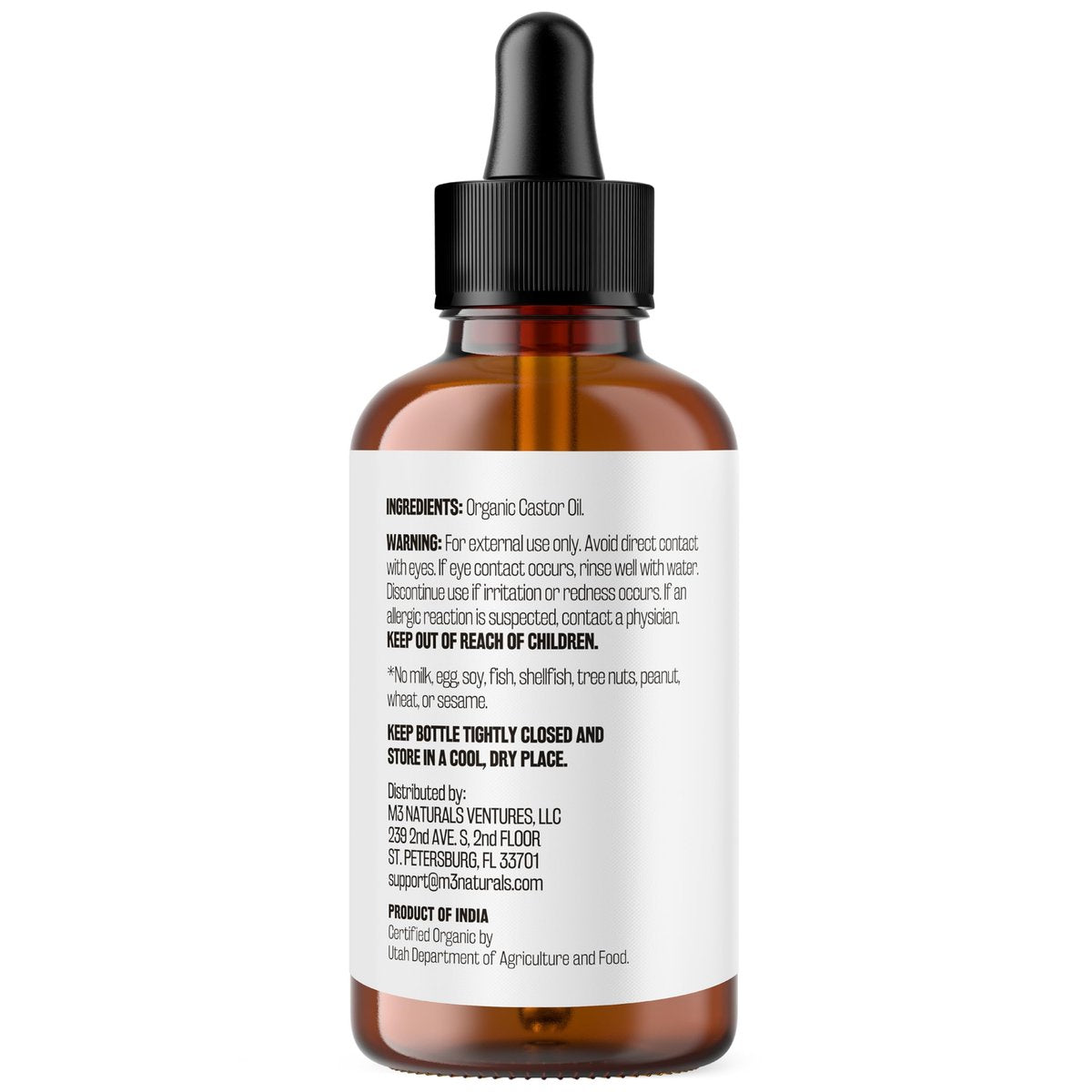 100% Reines Bio-Rizinusöl für Haar-, Wimpern- und Augenbrauenwachstum, Lymphdrainage und Hautfeuchtigkeit | Hexanfrei, kaltgepresst, unraffiniert in 4 fl oz Glasflasche mit Pipette von M3