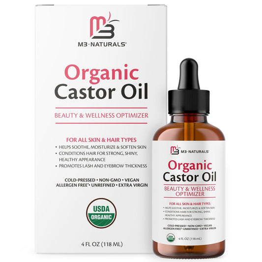 100% Reines Bio-Rizinusöl für Haar-, Wimpern- und Augenbrauenwachstum, Lymphdrainage und Hautfeuchtigkeit | Hexanfrei, kaltgepresst, unraffiniert in 4 fl oz Glasflasche mit Pipette von M3