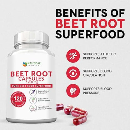 Rote Bete Kapseln - 1200 mg pro Portion - 120 Kapseln Rote Bete Pulver - Unterstützt Blutdruck, sportliche Leistung, Verdauung, Immunsystem (rein, nicht gentechnisch verändert & glutenfrei)