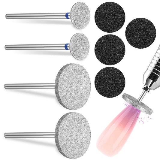 Dimeho Schleifscheiben Nagelbohrer Bits – 4-teiliges Metall-Nagelbit-Set mit 4 austauschbaren Pediküre-Schleifpapieren, geeignet für die meisten elektrischen Fußfeilen, Hartmetall-Flach-Nagelbohrer, Hornhautentferner-Scheiben