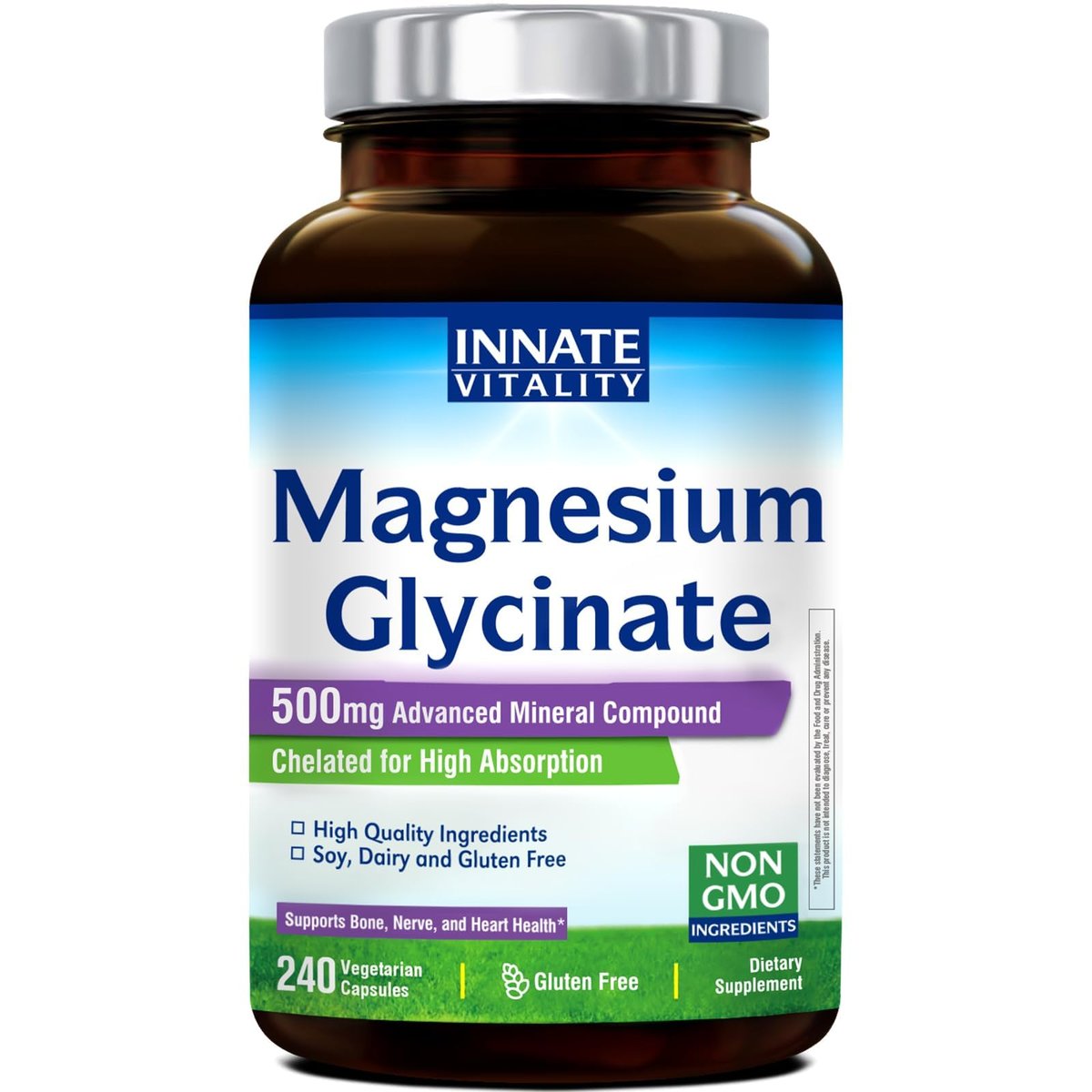 Innate Vitality Magnesium Glycinat 500mg | 70mg Elementares Magnesium – Hochabsorbierend, Nicht Gepuffert, Vegan, Ohne Gluten – 240 Kapseln
