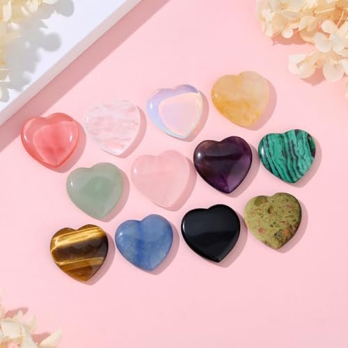DUQGUHO 1 Zoll Herz Kristalle und Heilsteine Reiki Edelsteine Heilende Kristalle Amethyst Kristall Herz Set Rosenquarz Herzförmige Kristalle Bulk Polierte Edelsteine Spirituelle Geschenke für Frauen 12 Stück
