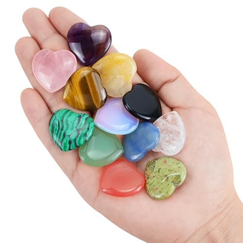 DUQGUHO 1 Zoll Herz Kristalle und Heilsteine Reiki Edelsteine Heilende Kristalle Amethyst Kristall Herz Set Rosenquarz Herzförmige Kristalle Bulk Polierte Edelsteine Spirituelle Geschenke für Frauen 12 Stück