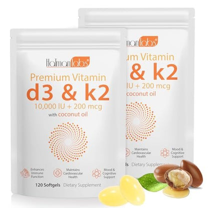 MXCZBSM Vitamin D3 K2 Softgel – 2er Pack mit 120 Kapseln, 10000 IE D3 + K2, unterstützt Immunsystem, Herz, Zähne & Knochen, ohne GVO, Gluten, Soja