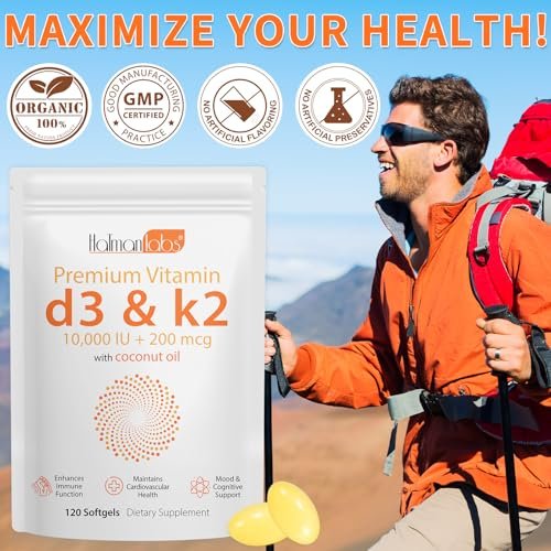 MXCZBSM Vitamin D3 K2 Softgel – 2er Pack mit 120 Kapseln, 10000 IE D3 + K2, unterstützt Immunsystem, Herz, Zähne & Knochen, ohne GVO, Gluten, Soja