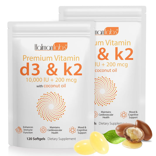 MXCZBSM Vitamin D3 K2 Softgel – 2er Pack mit 120 Kapseln, 10000 IE D3 + K2, unterstützt Immunsystem, Herz, Zähne & Knochen, ohne GVO, Gluten, Soja