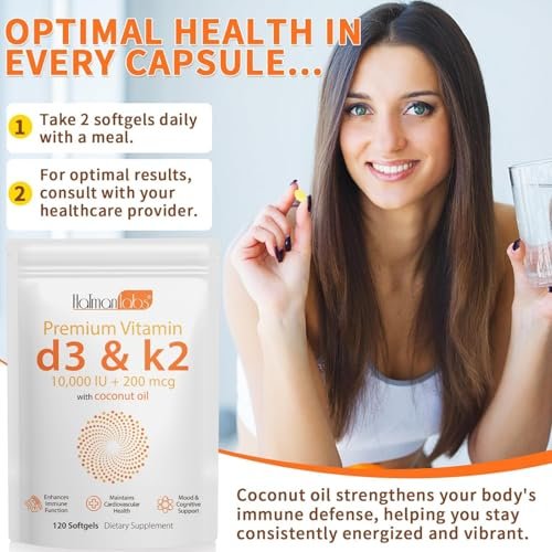 MXCZBSM Vitamin D3 K2 Softgel – 2er Pack mit 120 Kapseln, 10000 IE D3 + K2, unterstützt Immunsystem, Herz, Zähne & Knochen, ohne GVO, Gluten, Soja