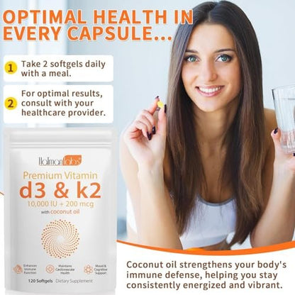 MXCZBSM Vitamin D3 K2 Softgel – 2er Pack mit 120 Kapseln, 10000 IE D3 + K2, unterstützt Immunsystem, Herz, Zähne & Knochen, ohne GVO, Gluten, Soja