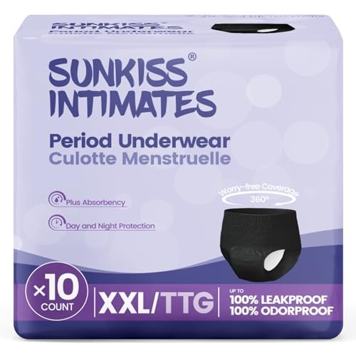 SUNKISS INTIMATES Einweg-Periode-Unterwäsche für Frauen mit starker Blutung, Low-Rise, unparfümiert, schwarz, XXLarge, 10 Stück