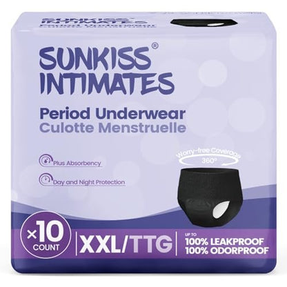 SUNKISS INTIMATES Einweg-Periode-Unterwäsche für Frauen mit starker Blutung, Low-Rise, unparfümiert, schwarz, XXLarge, 10 Stück
