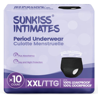 SUNKISS INTIMATES Einweg-Periode-Unterwäsche für Frauen mit starker Blutung, Low-Rise, unparfümiert, schwarz, XXLarge, 10 Stück