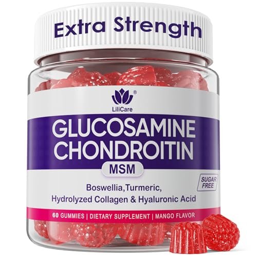 Glucosamin Chondroitin Gummis, Zuckerfrei, Extra Stark mit MSM, Boswellia, Kurkuma, Kollagen & Hyaluronsäure – für Knochen- und Gelenkgesundheit, für Männer & Frauen, 60 Stück