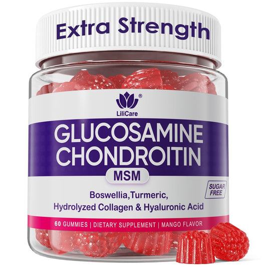 Glucosamin Chondroitin Gummis, Zuckerfrei, Extra Stark mit MSM, Boswellia, Kurkuma, Kollagen & Hyaluronsäure – für Knochen- und Gelenkgesundheit, für Männer & Frauen, 60 Stück