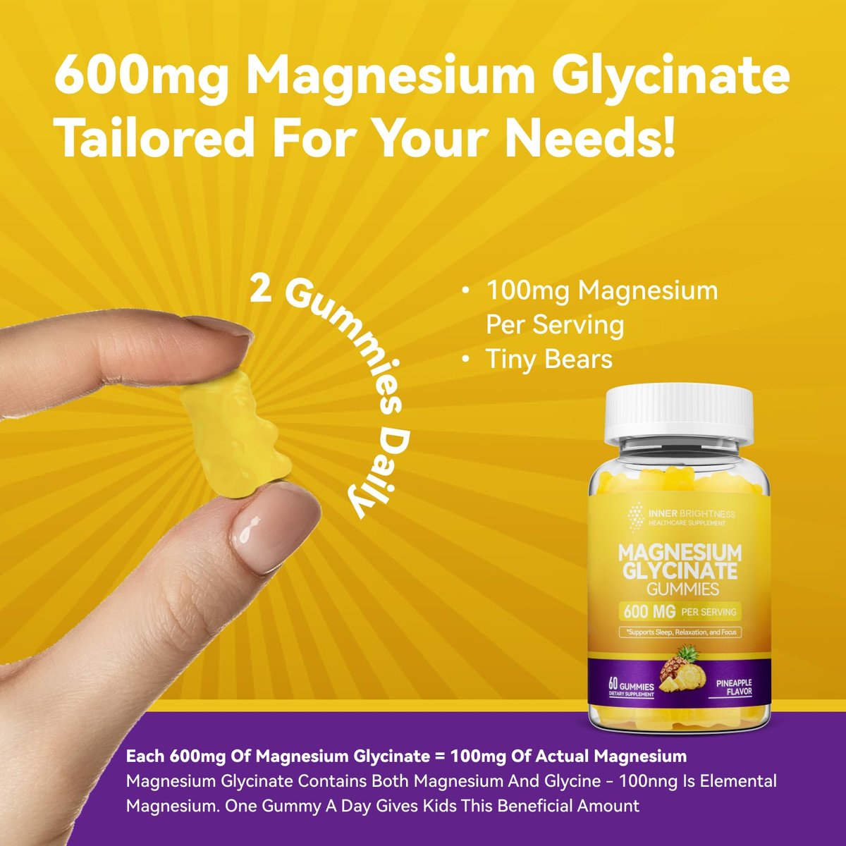 Magnesiumglycinat Gummibärchen 600 mg – Non-GMO, glutenfrei, Magnesium Gummis für Erwachsene & Kinder, Schlaf, Entspannung & Konzentration, Ananasgeschmack, 60 Stück