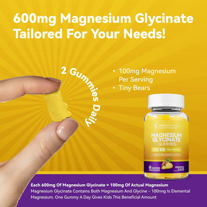 Magnesiumglycinat Gummibärchen 600 mg – Non-GMO, glutenfrei, Magnesium Gummis für Erwachsene & Kinder, Schlaf, Entspannung & Konzentration, Ananasgeschmack, 60 Stück