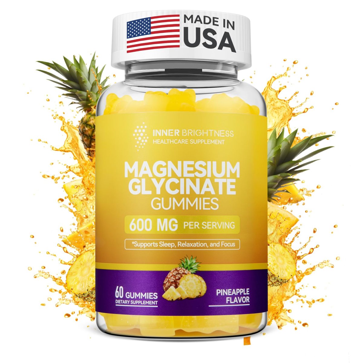 Magnesiumglycinat Gummibärchen 600 mg – Non-GMO, glutenfrei, Magnesium Gummis für Erwachsene & Kinder, Schlaf, Entspannung & Konzentration, Ananasgeschmack, 60 Stück